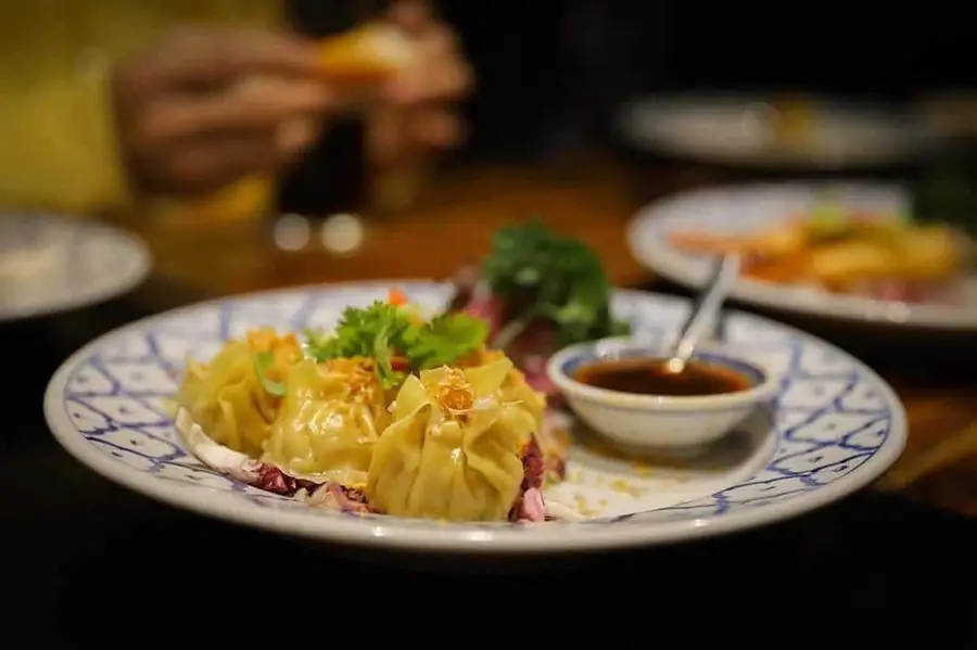 Thaise dumplings met dipsaus op een blauw-wit bord